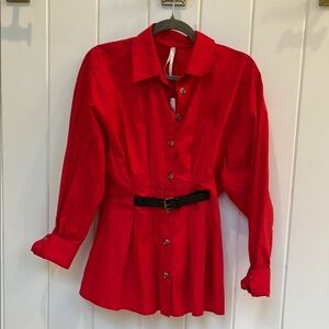 Bold Red Button-Up Blouse
